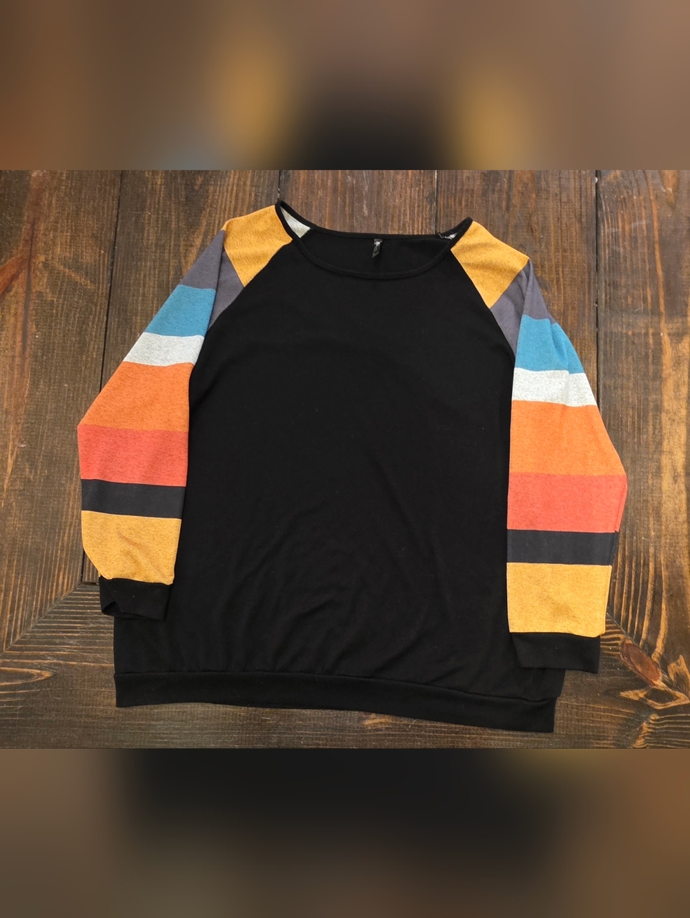 Black Raglan Sweatshirt with Colorblock Striped Sleeves